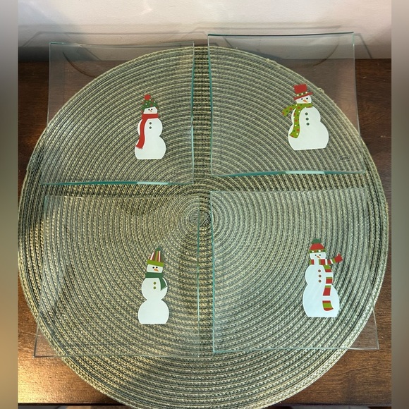 Set of 4 Pampered Chef Snowmen 6" Appetizer SquareGlass Plates #2819 - NIB Read. - Picture 3 of 8
